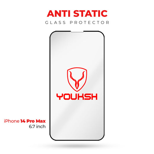 YOUKSH Apple iPhone 14 Pro Max (6.7) Anti Static Clear Glass Protector - YOUKSH Apple iPhone 14 Pro Max (6.7) Anti Static Glass Protector - With YOUKSH Installation kit.