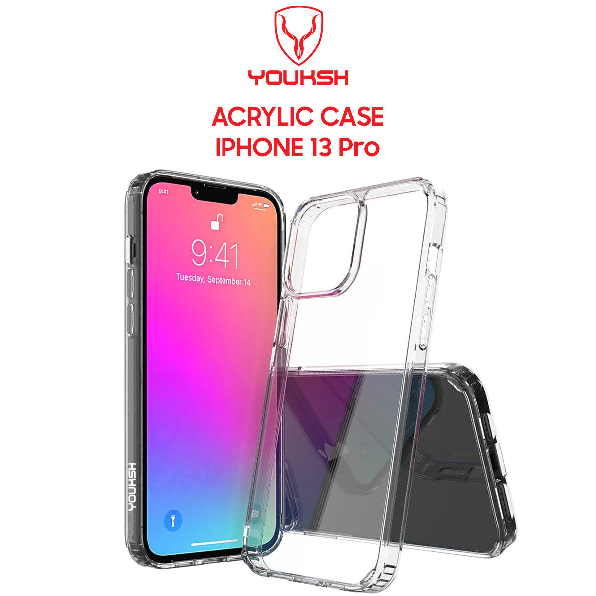 YOUKSH Apple iPhone 13 Pro Acrylic Cover - iPhone 13 Pro Clear Anti-Yellow Back Case - iPhone 13 Pro Shock Proof With Built-In Air Bag.