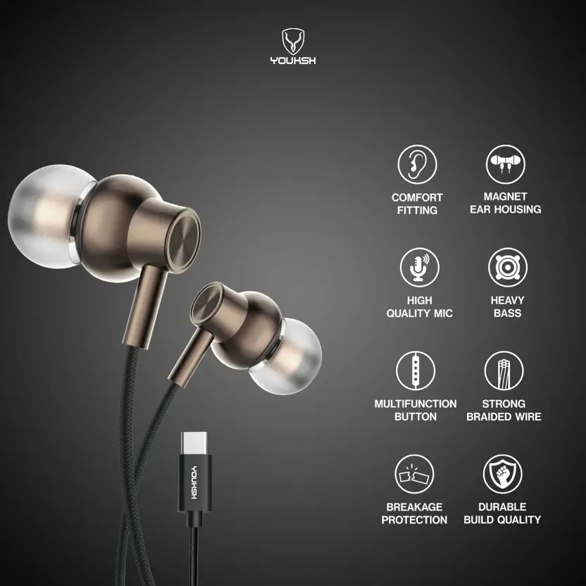 YOUKSH Type C Handsfree, With Soft Rubber Ear Piece & Metal Magnetic Attraction (YK-804).