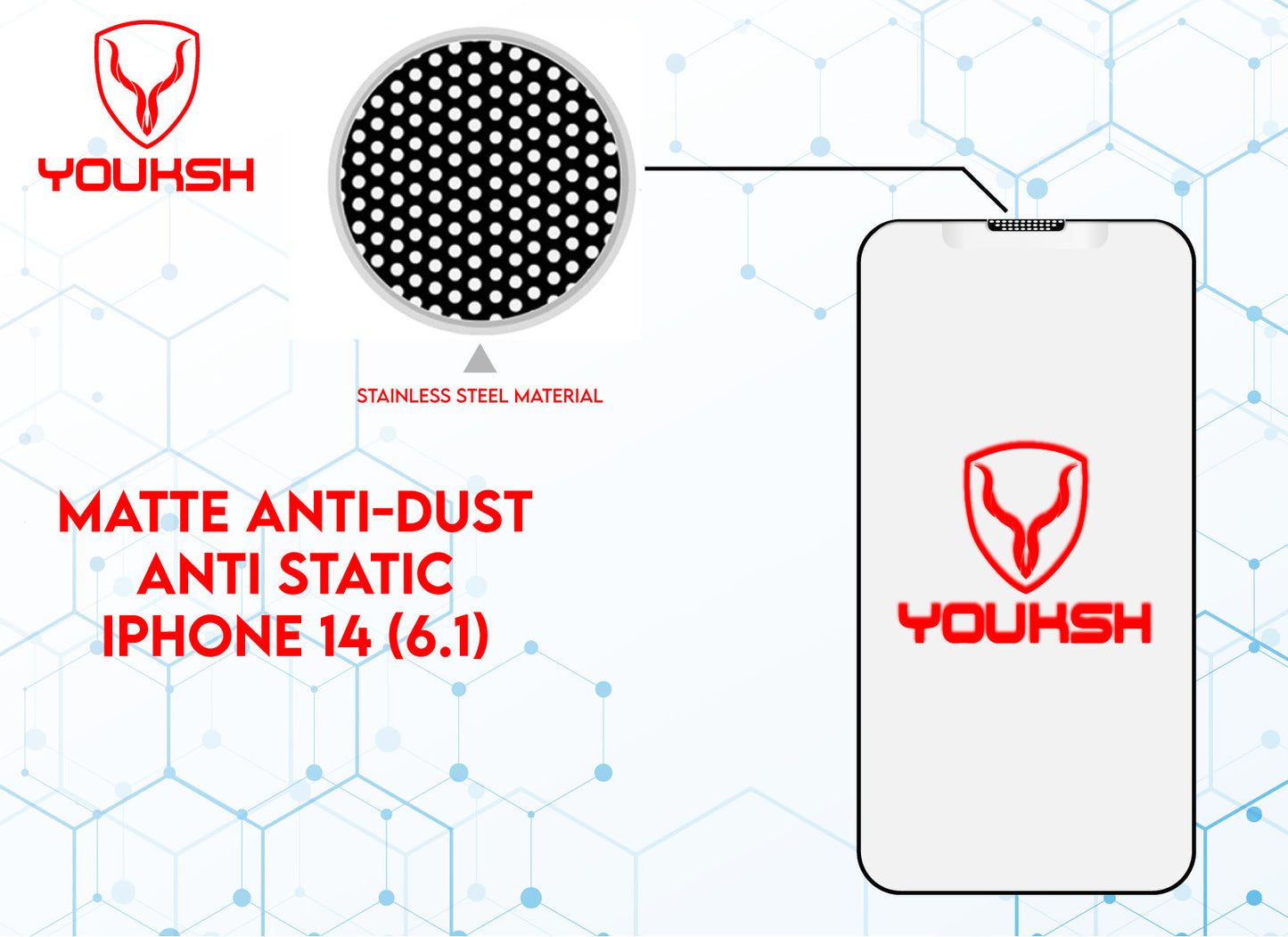 YOUKSH Apple iPhone 14 (6.1) Matte Anti Dust AntiStatic Glass Protector - Apple iPhone 14 (6.1) Anti Dust Matte AntiStatic Glass - With YOUKSH Installation kit.